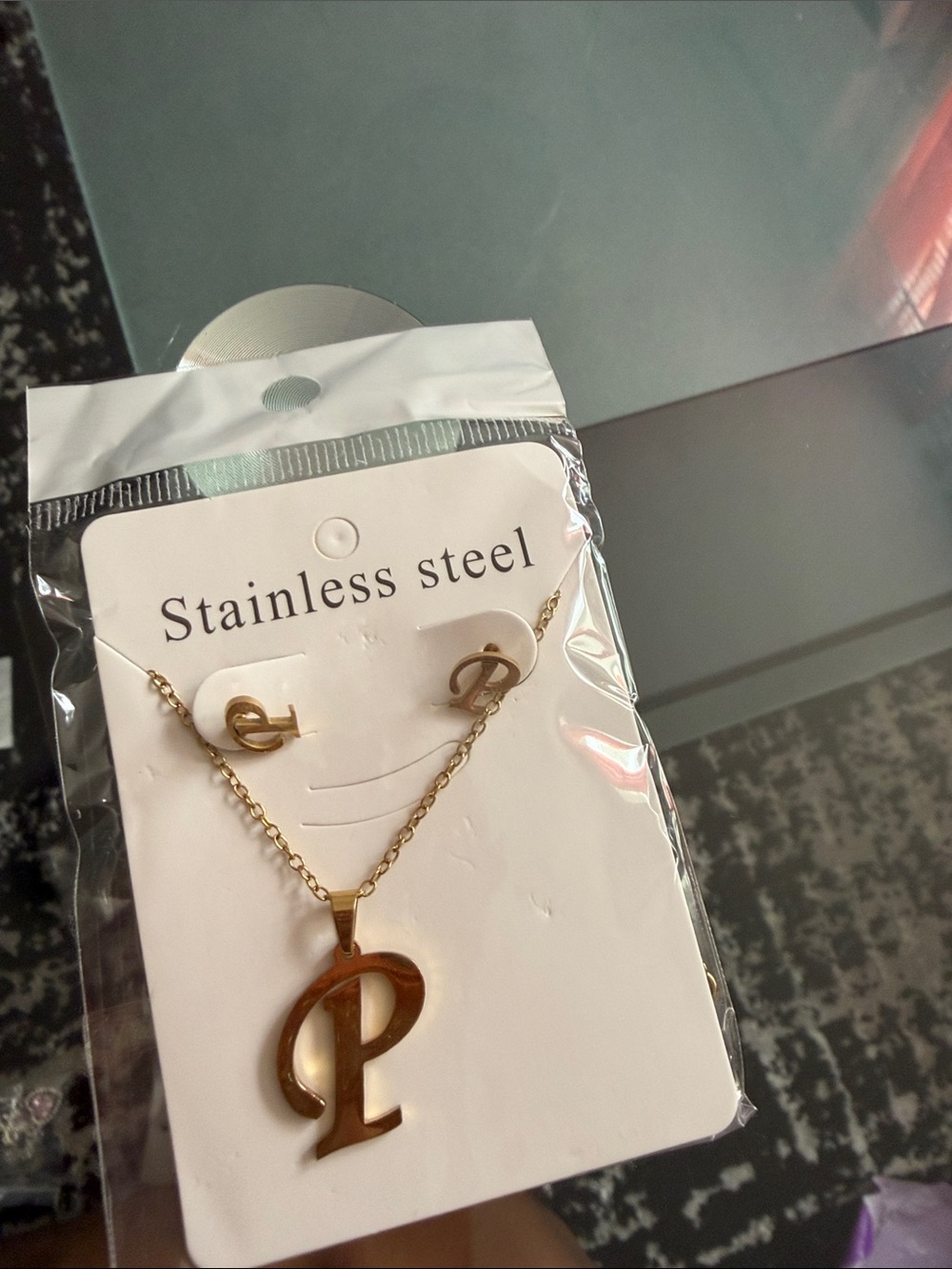 Gold Letter P Necklace and Stud Earrings Set - Stainless Steel